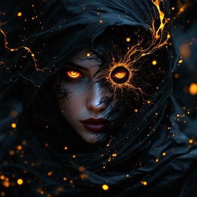 The primary subject of the image is a woman with glowing eyes, wearing a black hooded robe. The setting is a dark, possibly magical or supernatural, environment. The visual style is a combination of a photo and digital art, creating a unique and captivating image. The colors and mood are predominantly dark and mysterious, with the glowing eyes adding an element of intrigue and otherworldliness.